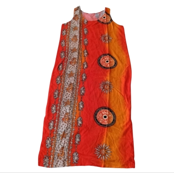Orange Printed Scoop Neck Long Shift Dress, Sizes Small or Large - Picture 1 of 6